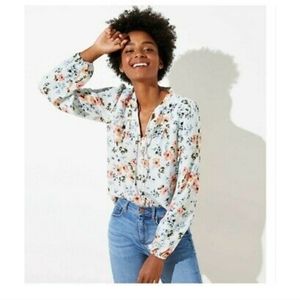 Ann Taylor Loft Floral Shirred Split Neck Blouse Top